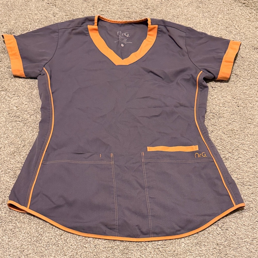 NRG. Gray and Orange scrub top GUC
